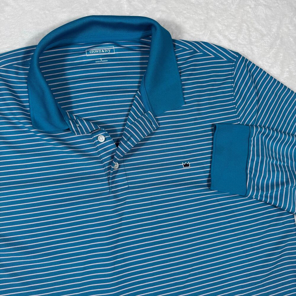Crown & Ivy Men's L Striped Long Sleeve Pique Performance Polo Shirt Blue‎ White